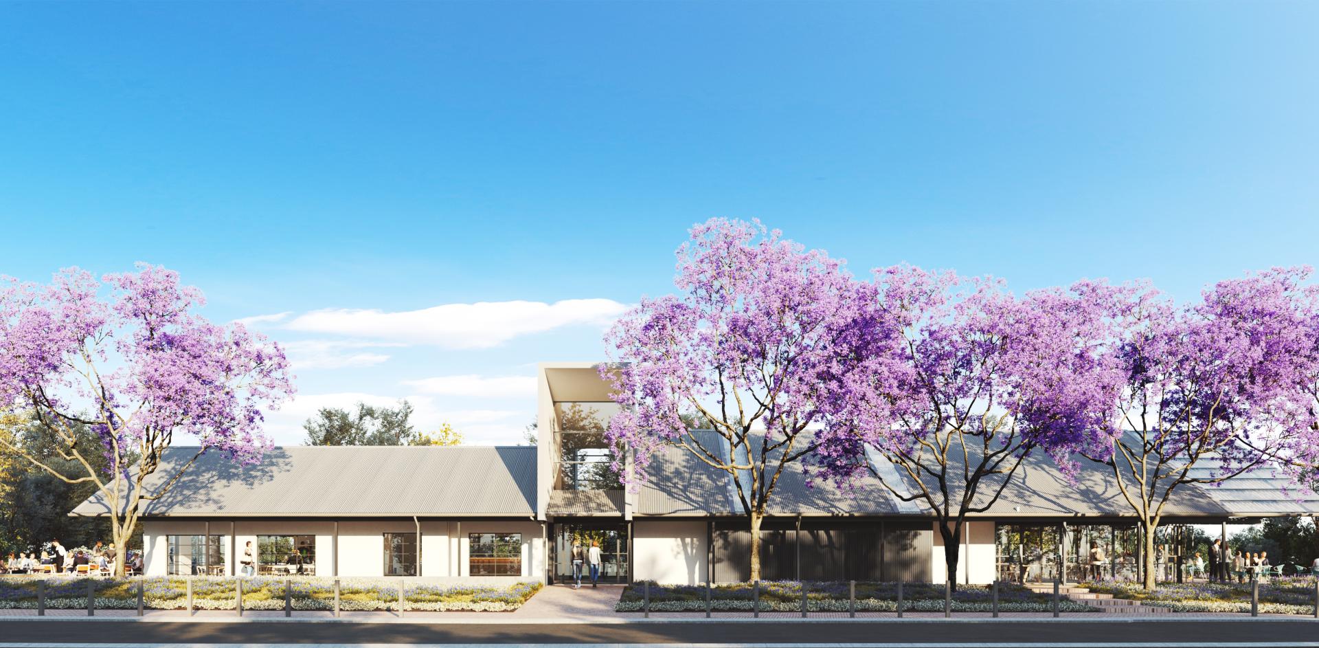 Artistic render of modern cafe building with customers sitting outside under trees and in gardens