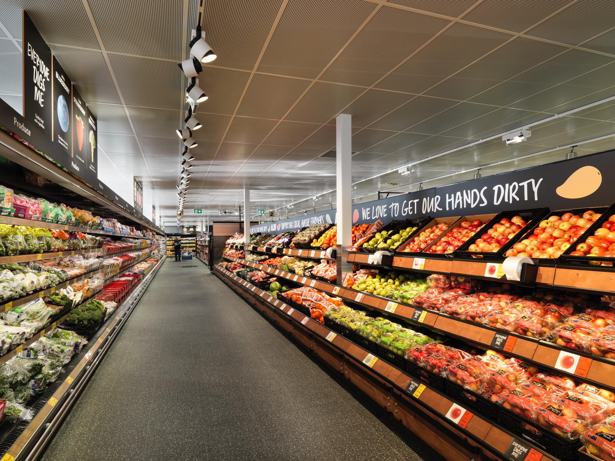 View of the fruit and vegetable aisle in an ALDI store